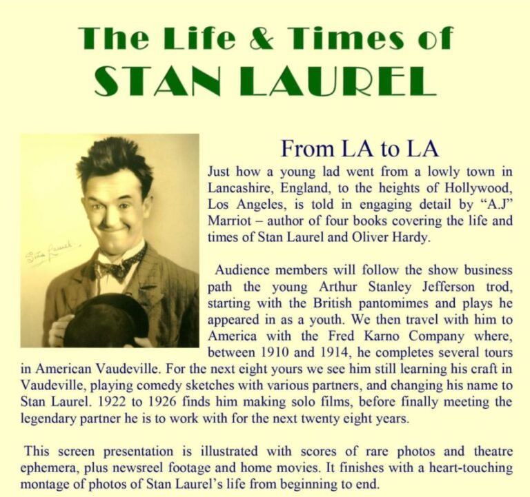 "The Life and Times of Stan Laurel" poster for a talk given by author A.J Marriot.